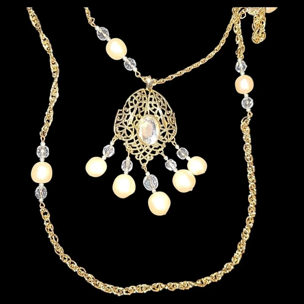 Vintage Gold Tone Faux Pearl Crystal Filigree Pendant Long Necklace 28 Statement